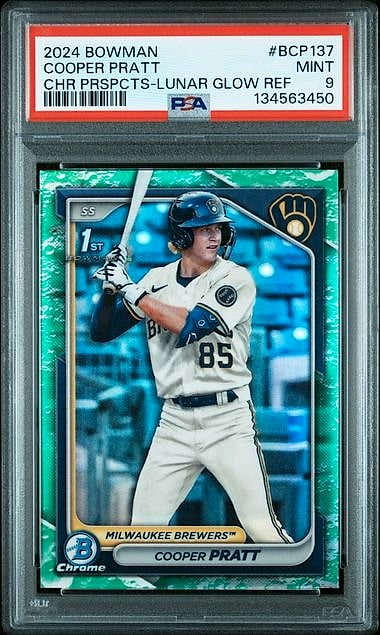 2024 Bowman Chrome Prospects Cooper Pratt Lunar Glow Refractor #BCP-137 Rookie PSA 9