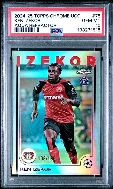 2024-25 Topps Chrome Logofractor Edition UEFA Champions League Starball Ken Izekor Magenta Starball Refractor #75 Rookie 109/199 PSA 10