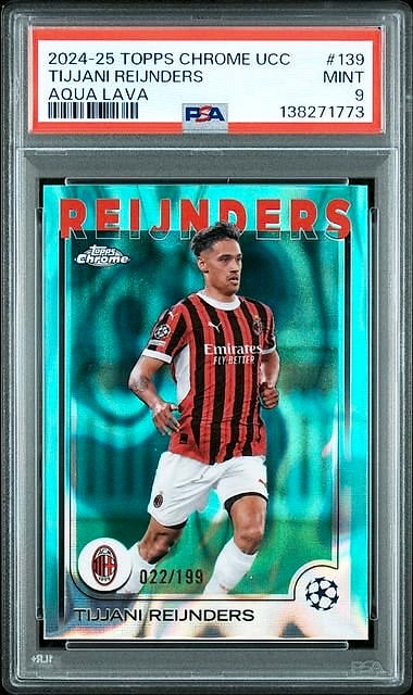 2024 Topps Chrome UEFA Club Competitions Tijjani Reijnders Aqua Lava #139 022/199 PSA 9