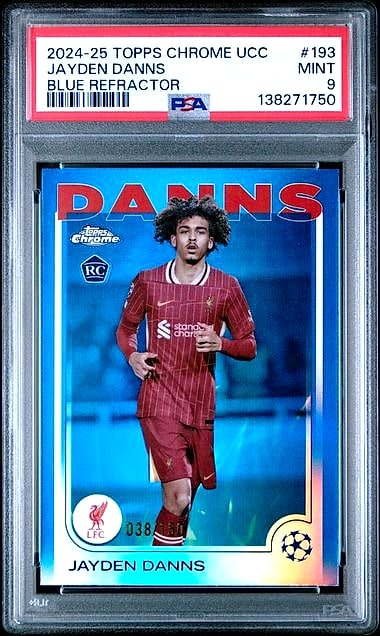 2024-25 Topps Chrome UEFA Club Competitions Jayden Danns Blue Refractor #193 Rookie 038/150 PSA 9