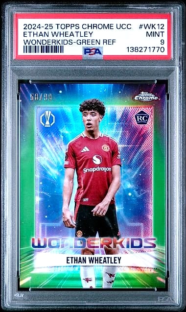 2024-25 Topps Chrome UEFA Club Competitions Wonderkids Ethan Wheatley Green Refractor #WK-12 Rookie 50/99 PSA 9