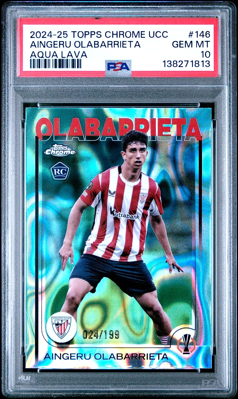 2024 -25 Topps Chrome UCC Uefa Aingeru Olabarrieta Aqua Lava #146 Rookie 024/199 PSA 10