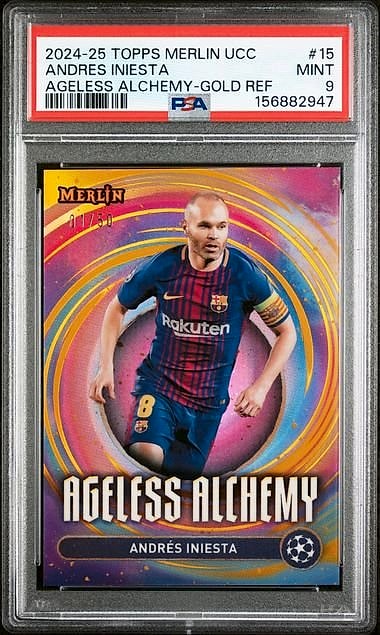 2024 -25 Topps Merlin UCC Ageless Alchemy Andres Iniesta Gold Refractor #15 01/50 PSA 9