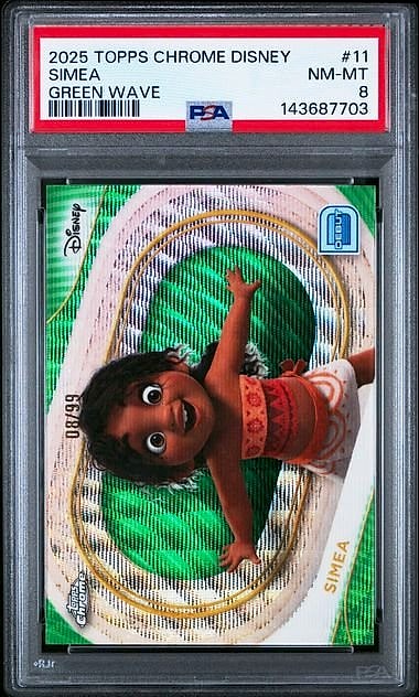 2025 Topps Chrome Disney Simea Green Wave Refractor #11 08/99 PSA 8