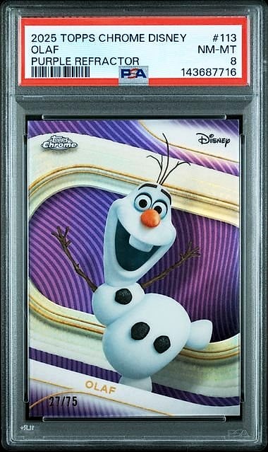 2025 Topps Chrome Disney Olaf Purple Refractor #113 27/75 PSA 8