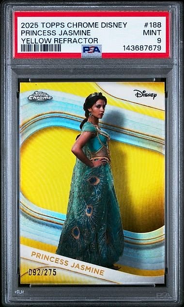 2025 Topps Chrome Disney Princess Jasmine Yellow Refractor #188 092/275 PSA 9