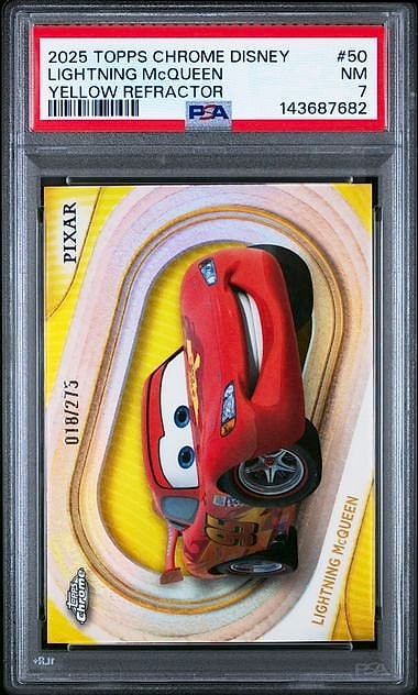2025 Topps Chrome Disney Lightning McQueen Yellow Refractor #50 018/275 PSA 7