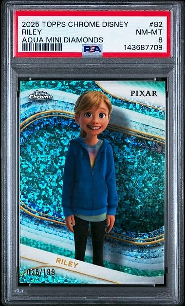 2025 Topps Chrome Disney Riley Aqua Mini-Diamonds Refractor #82 025/199 PSA 8