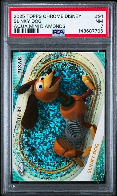 2025 Topps Chrome Disney Sapphire Slinky Dog Green Sapphire #91 191/199 PSA 7
