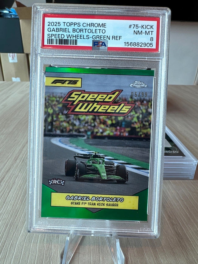 2025 Topps Chrome F1 Speed Wheels Formula Gabriel Bortoleto Green Refractor #75-KICK Rookie 05/99 PSA 8