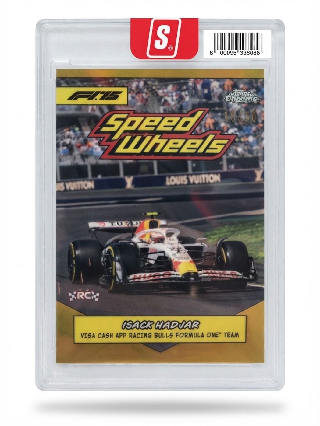 2025 Topps Chrome F1 Speed Wheels Isack Hadjar Gold #75-VCARB Rookie 10/50