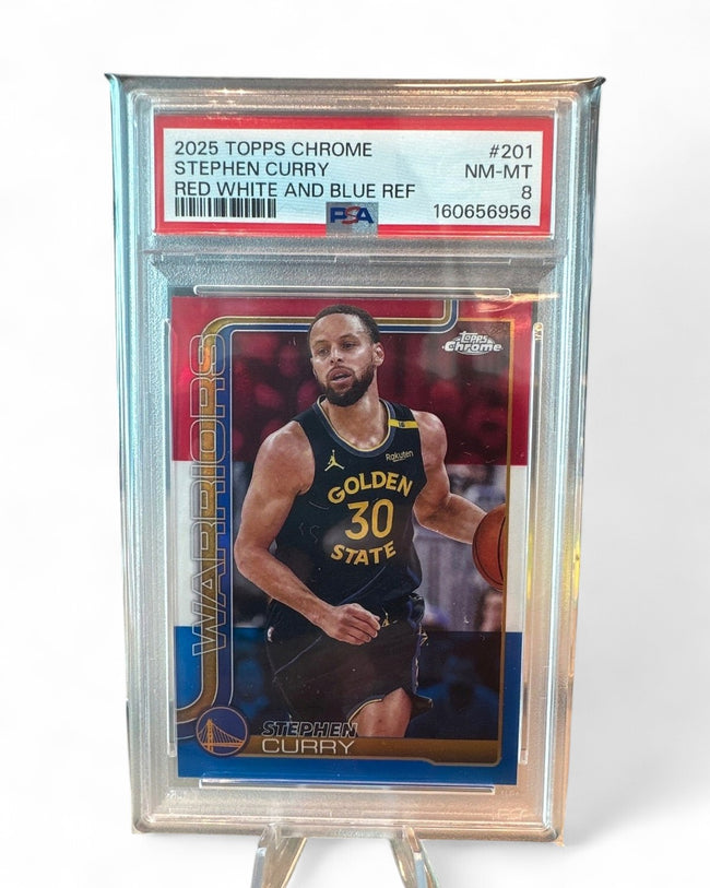 2025 Topps Chrome Psa Stephen Curry Red White and Blue Refractor #201 PSA 8