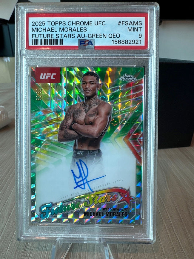 2025 Topps Chrome UFC Future Stars Autographs Michael Morales Geometric Green Refractor #FSA-MS Auto 63/99 PSA 9