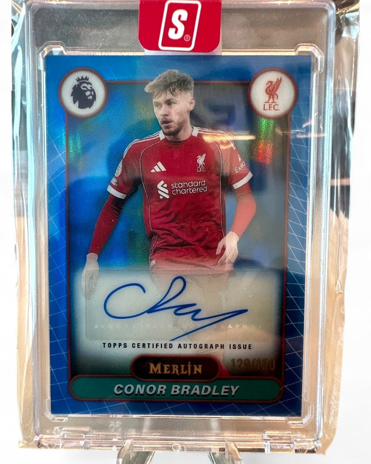 2026 Merlin Premier League Autographs Conor Bradley Blue Refractor #MV-BY Auto 129/150
