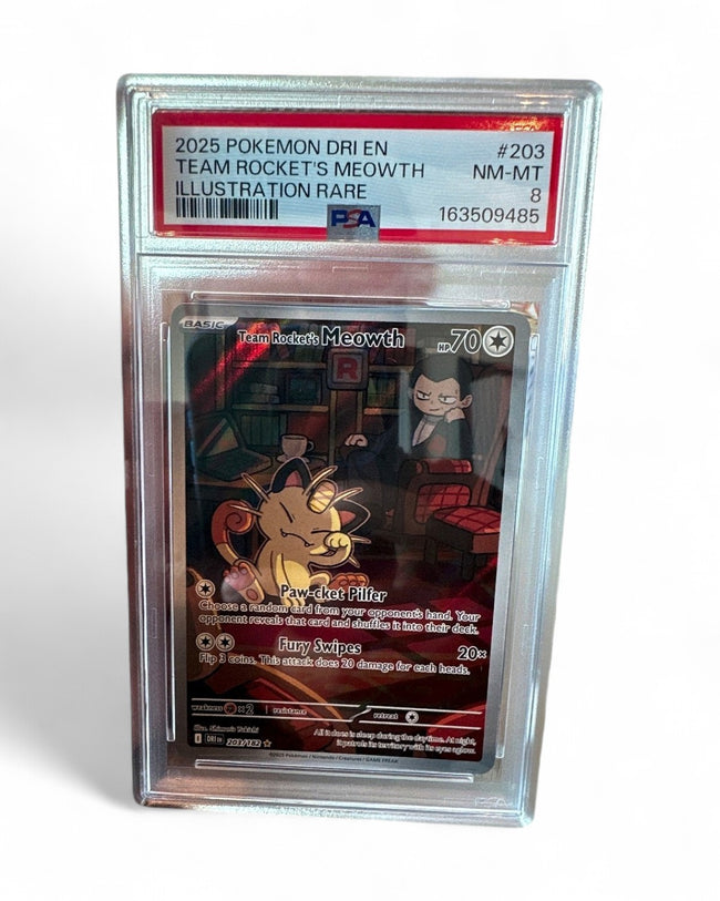 2025 Destined Rivals Team Rocket's Meowth 203/182 PSA 8