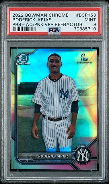 2022 Bowman Chrome Prospects Roderick Arias Aqua/Pink Vapor Prospect Refractors #BCP-153 Rookie PSA 9