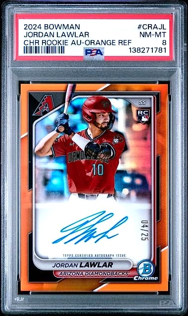 2024 Bowman Chrome Jordan Lawlar Orange Refractor #CRAJL Rookie Auto 04/25 PSA 8
