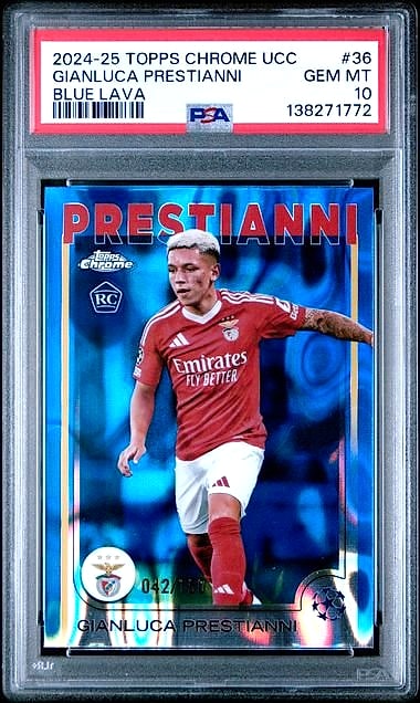 2024-25 Topps Chrome UEFA Club Competitions Gianluca Prestianni Blue Lava Refractor #36 Rookie 042/150 PSA 10