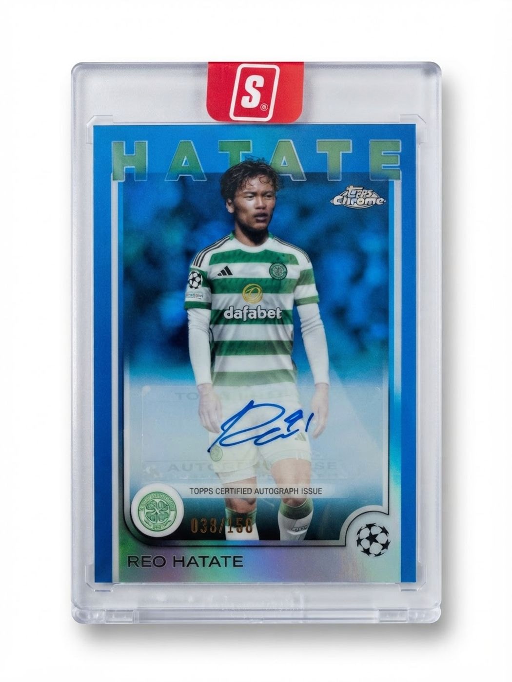 2024-25 Topps Chrome UEFA Club Competitions Chrome Autographs Reo Hatate Blue Refractor #CA-HT Auto 038/150