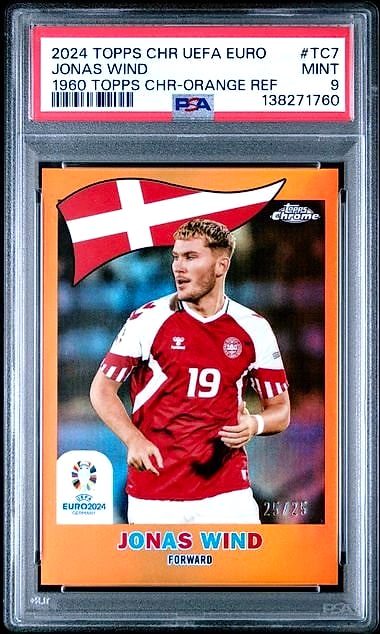 2024 Topps Chrome UEFA EURO 1960 Topps Chrome Jonas Wind Orange Refractor #TC-7 25/25 PSA 9