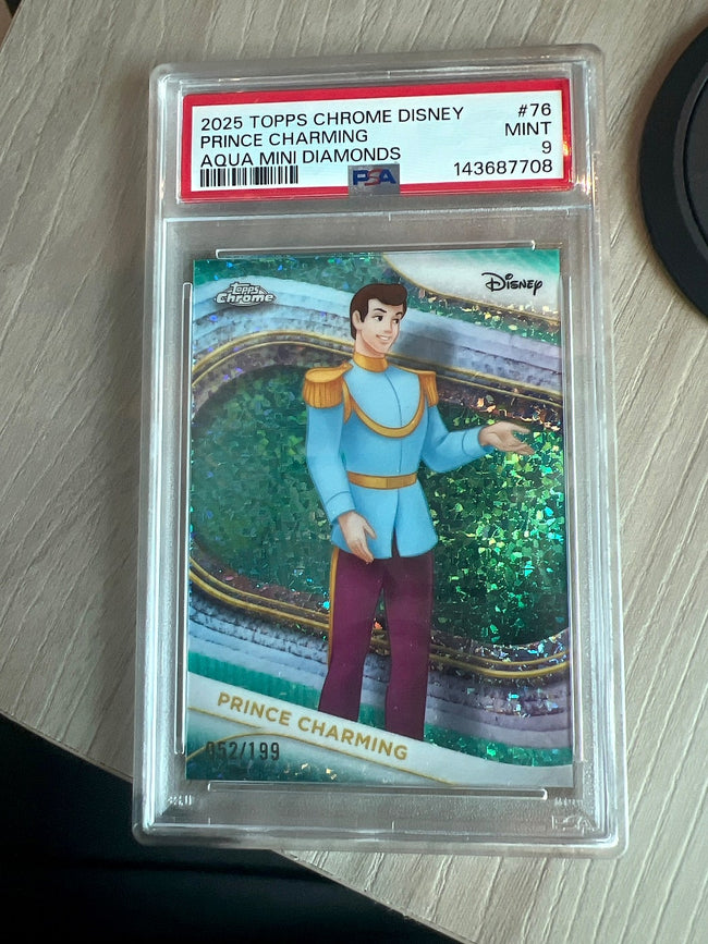 2025 Topps Chrome Disney Prince Charming Aqua Mini-Diamonds Refractor #76 052/199 PSA 9