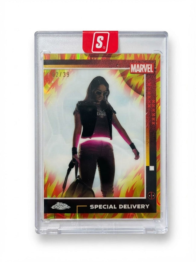2025 Topps Chrome Deadpool Special Delivery Human Torch Red & Orange Lava Refractor #83 02/39