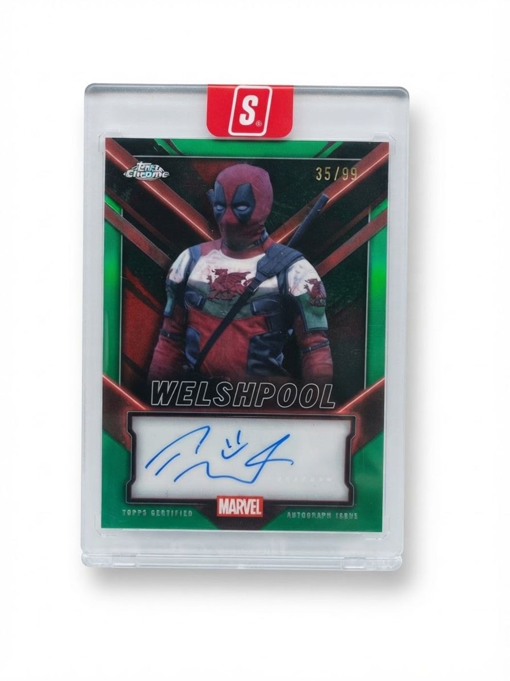 2025 Topps Chrome Deadpool Topps Chrome Autographs Paul Mullin as Welshpool Green Refractor #TC-PM Auto 35/99