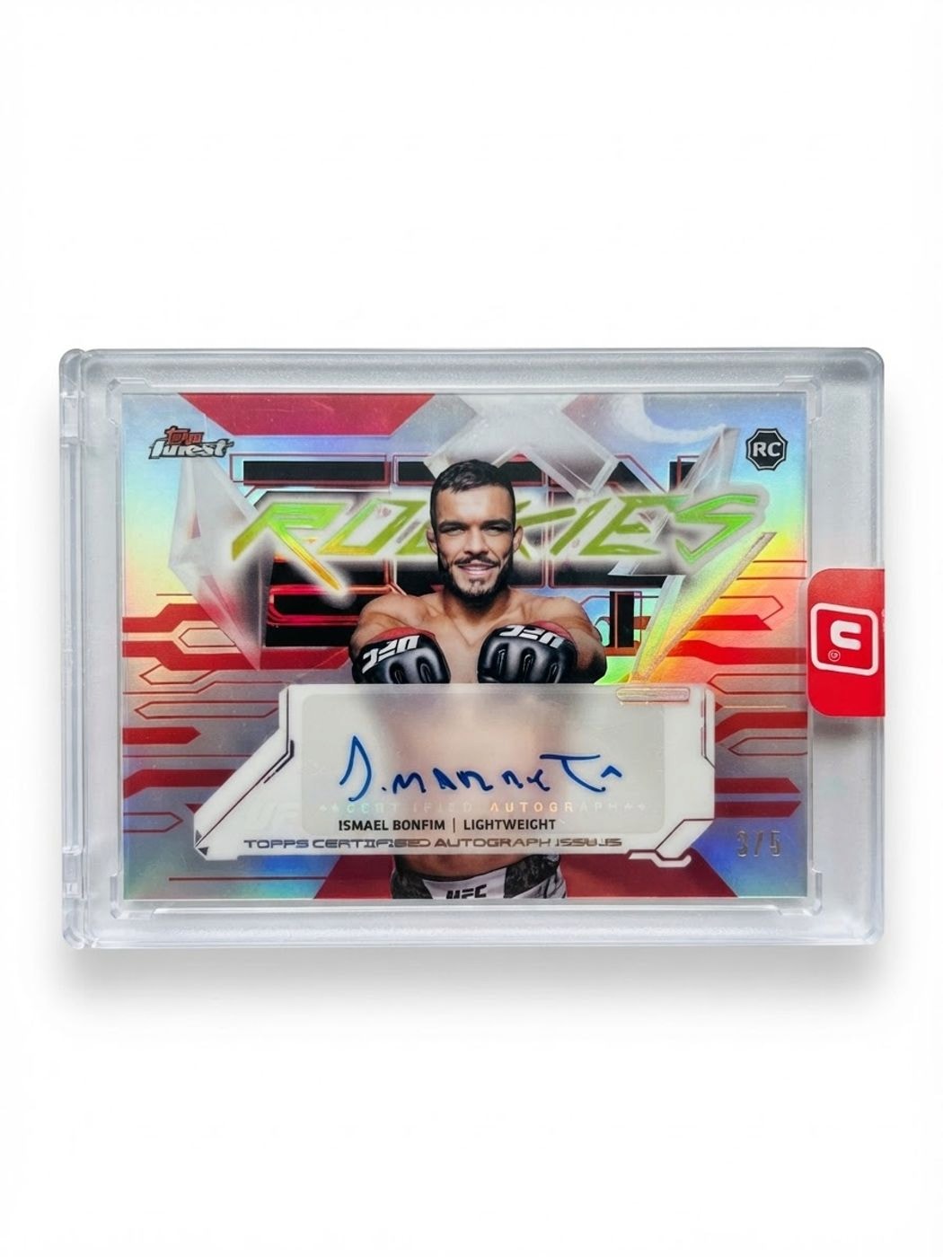 2025 Topps Finest UFC Finest Rookies Autographs Ismael Bonfim Red Refractor #FRA-IB Rookie Auto 5/5