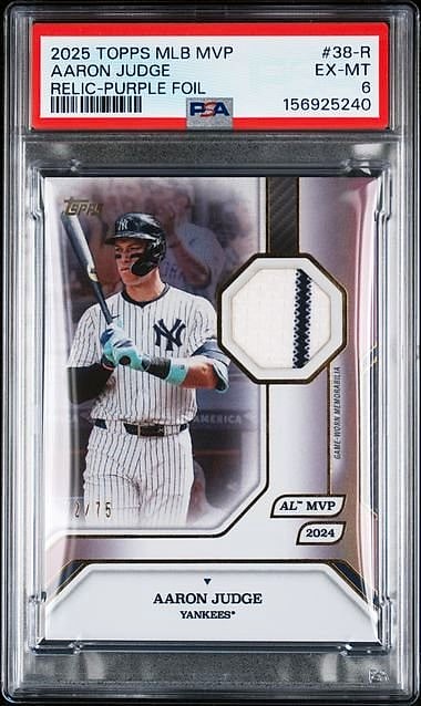 2025 Topps MLB MVP Collection Base Relics Aaron Judge Purple Foil #38-R /75 PSA 6