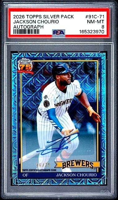 2026 Topps 1991 Topps Chrome Jackson Chourio Silver? Autograph #91C-71 Auto 36/75 PSA 8